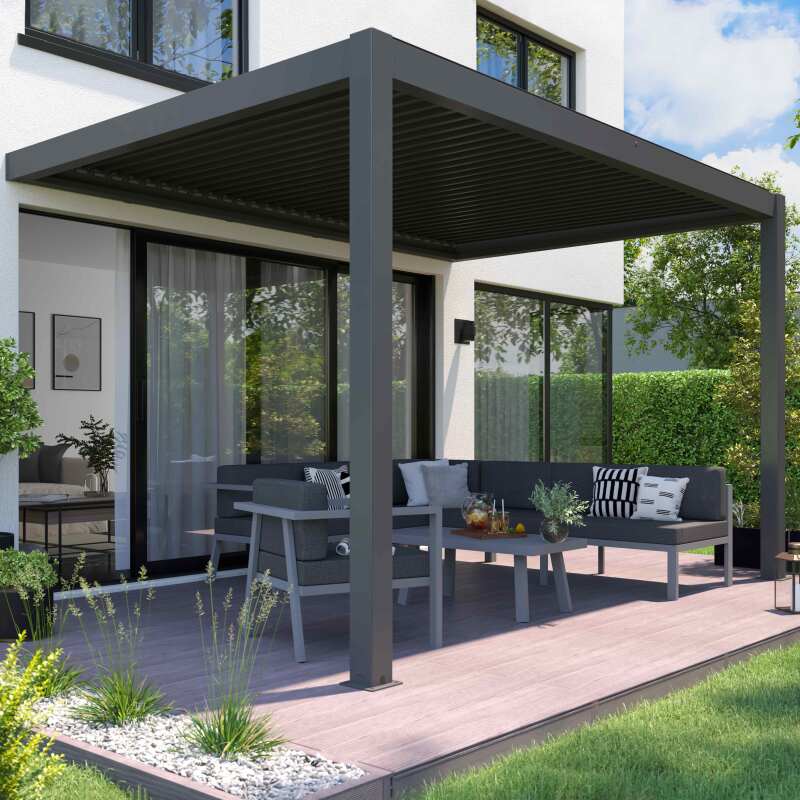 Motorisierte / beleuchtete angelehnte Pergola aus Aluminium 3x4m mit 1, 2 oder 3 Markisen