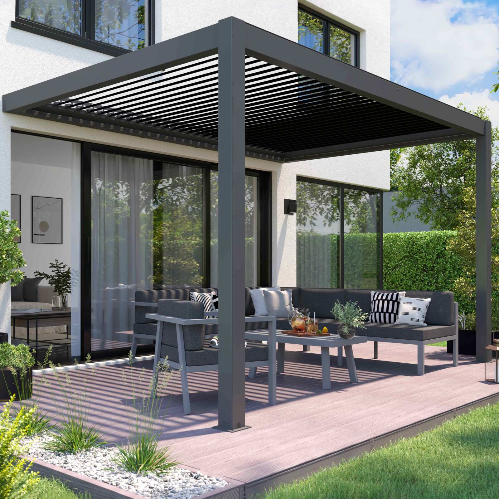 Motorisierte / beleuchtete angelehnte Pergola aus Aluminium 3x4m mit 1, 2 oder 3 Markisen