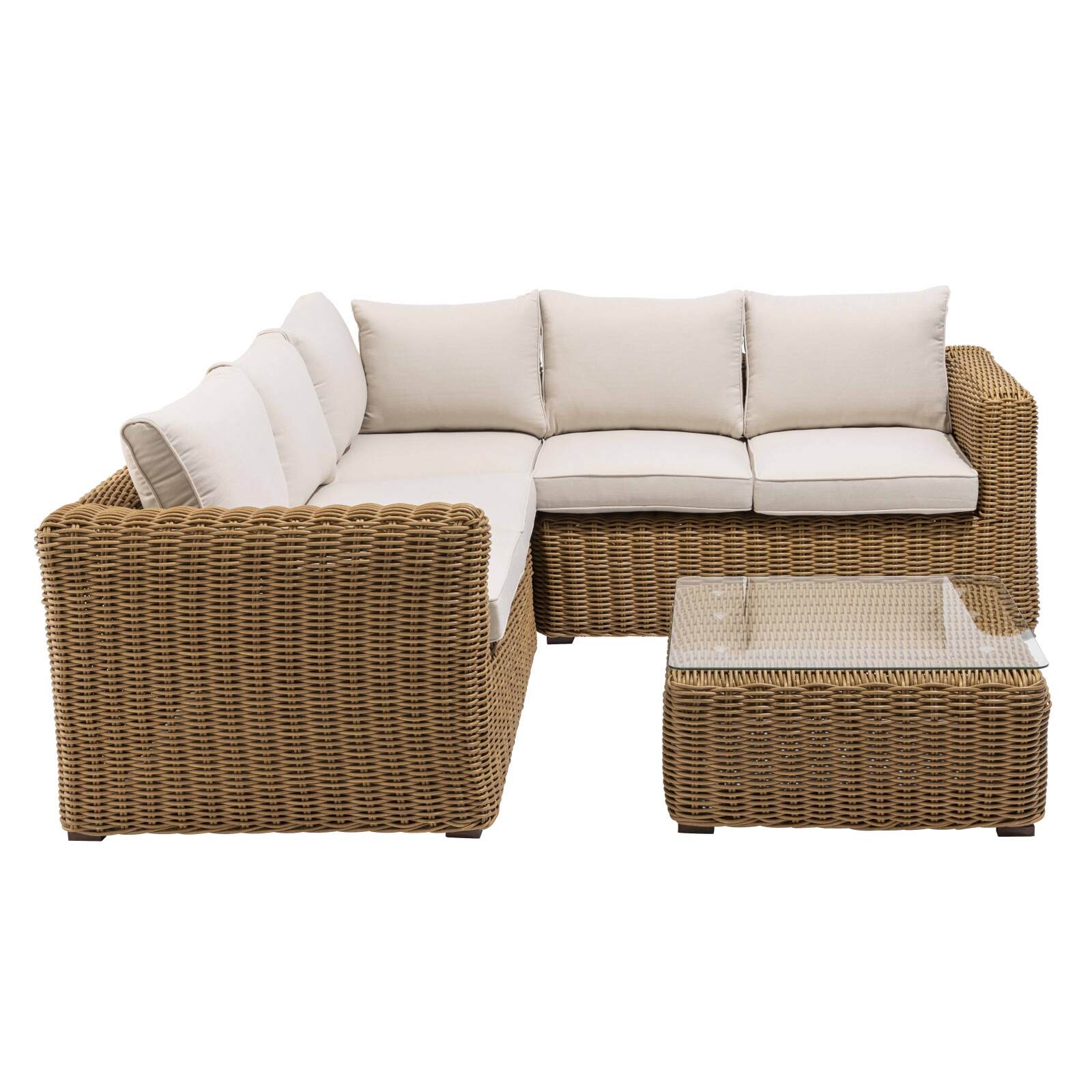 Ecksofa-Gartenlounge-Set mit 5 Sitzplätzen aus geflochtenem Kunstharz Ecksofa-Gartenlounge-Set mit 5 Sitzplätzen aus geflochtenem Kunstharz