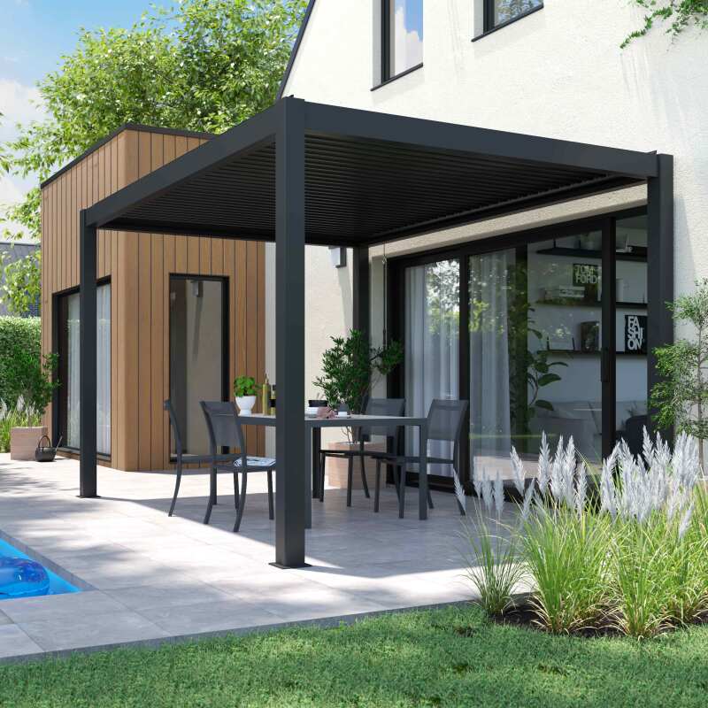 Selbsttragende bioklimatische Aluminium-Pergola mit 3x4m und 1, 2 oder 3 Markisen