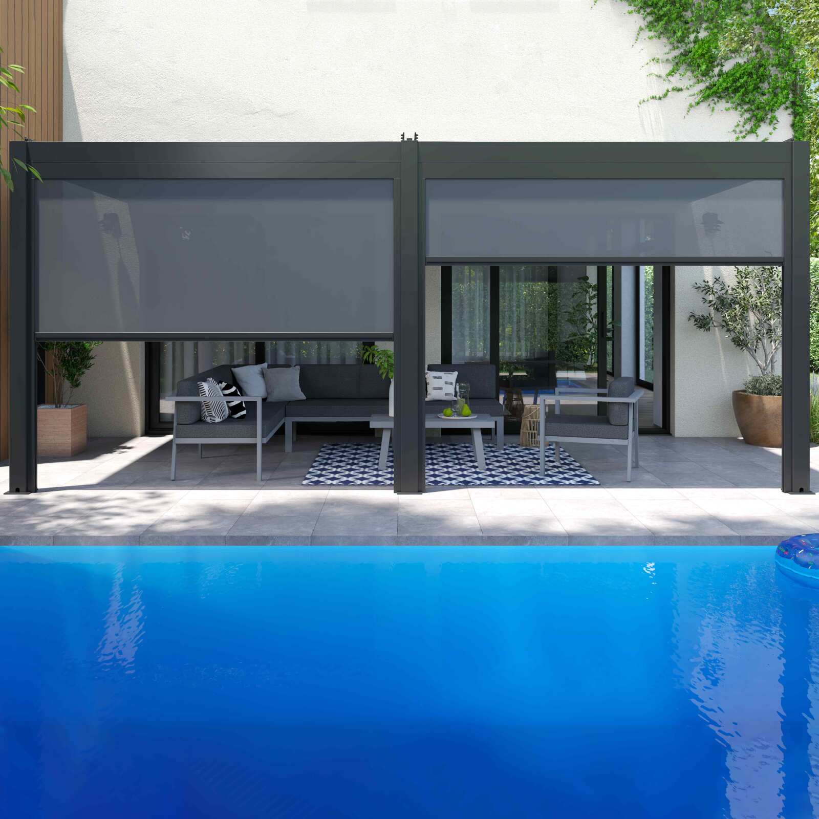 Selbsttragende bioklimatische Aluminium-Pergola 3x6m mit 2 oder 4 Markisen