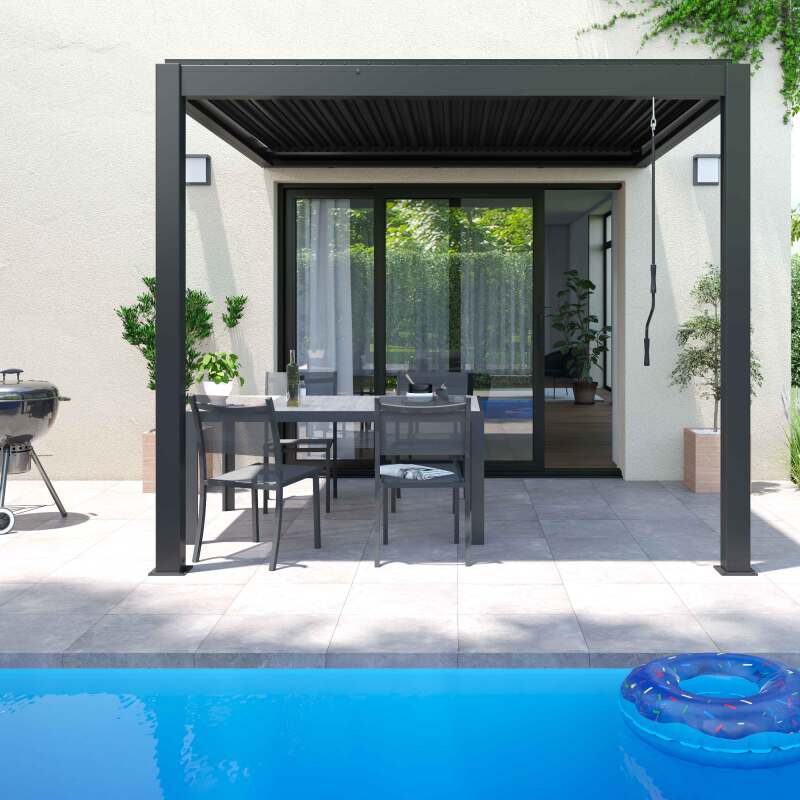 Bioklimatische Pergola mit einer Größe von 3x3m aus Aluminium, angelehnt, mit 1, 2 oder 3 Markisen
