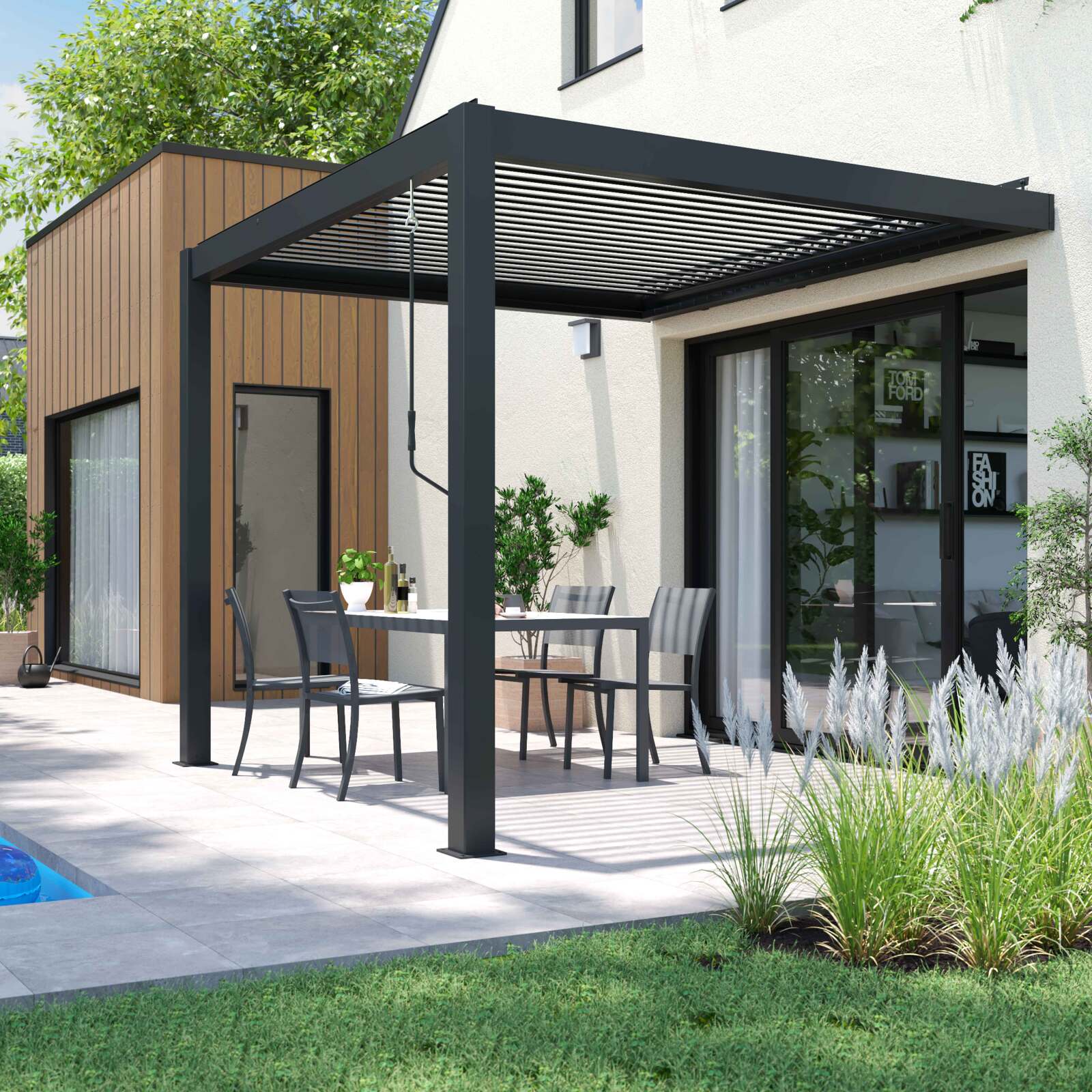 Bioklimatische Pergola mit einer Größe von 3x3m aus Aluminium, angelehnt, mit 1, 2 oder 3 Markisen 