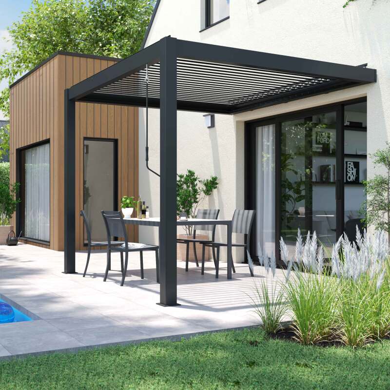 Bioklimatische Pergola mit einer Größe von 3x3m aus Aluminium, angelehnt, mit 1, 2 oder 3 Markisen