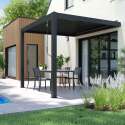 Bioklimatische Pergola mit einer Größe von 3x3m aus Aluminium, angelehnt, mit 1, 2 oder 3 Markisen