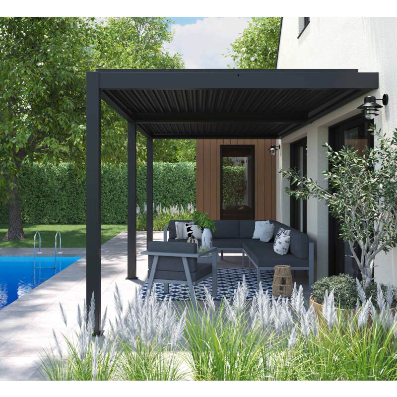 Bioklimatische Pergola 3x6m aus Aluminium mit 2 oder 4 angelehnten Markisen