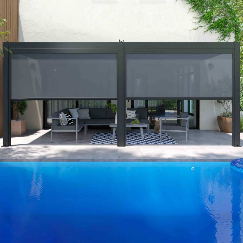 Bioklimatische Pergola 3x6m aus Aluminium mit 2 oder 4 angelehnten Markisen