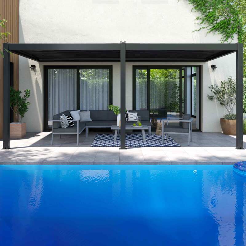 Bioklimatische Pergola 3x6m aus Aluminium mit 2 oder 4 angelehnten Markisen