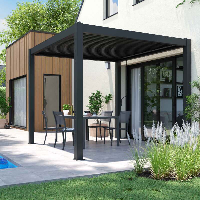 Freistehende bioklimatische Pergola aus Aluminium mit 3x3m und 1, 2 oder 3 Markisen