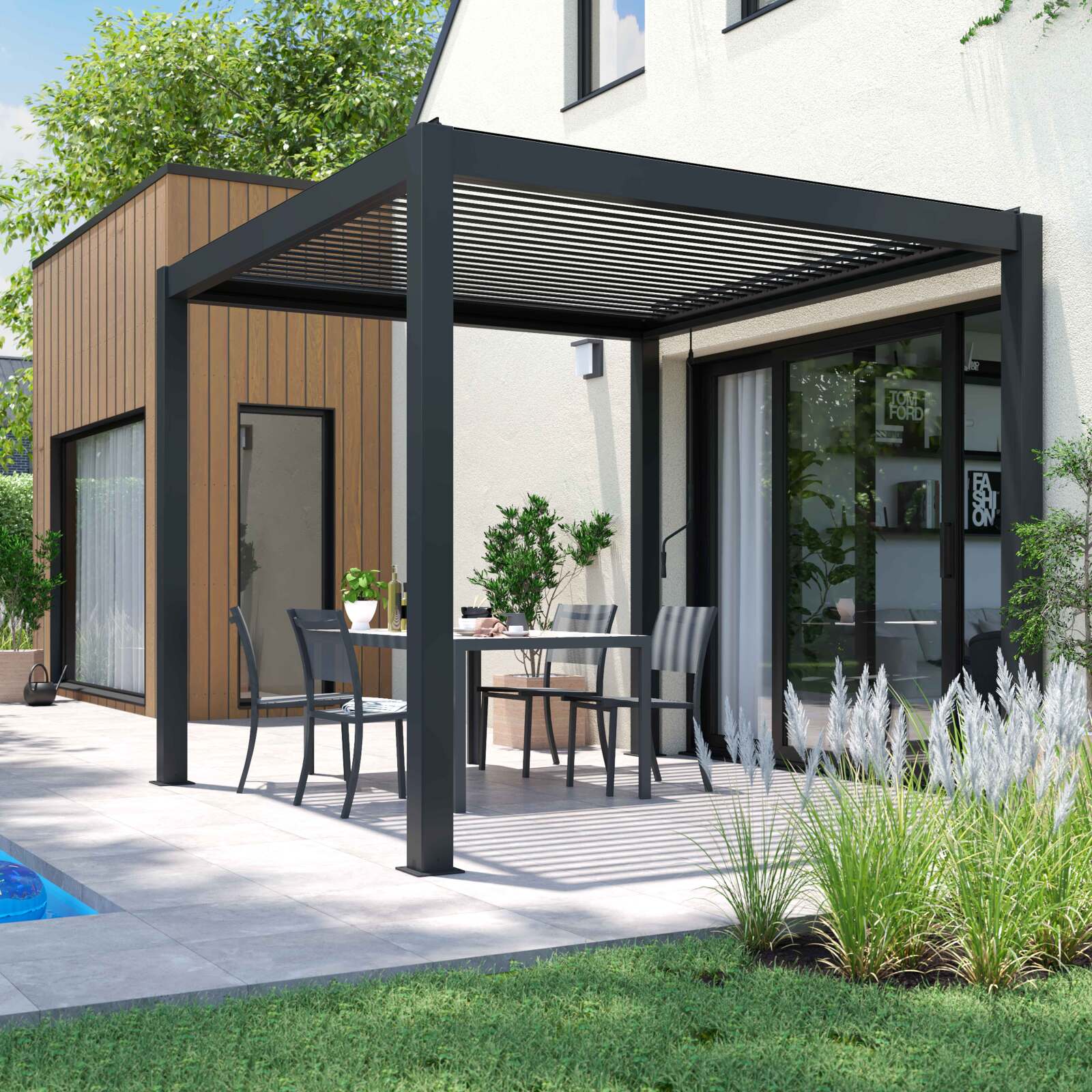 Freistehende bioklimatische Pergola aus Aluminium mit 3x3m und 1, 2 oder 3 Markisen