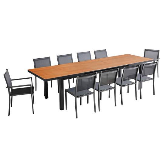 Ausziehbarer rechteckiger Gartentisch 320 x 100 x 76 cm mit 8 Stühlen und 2 Stühlen mit Armlehnen