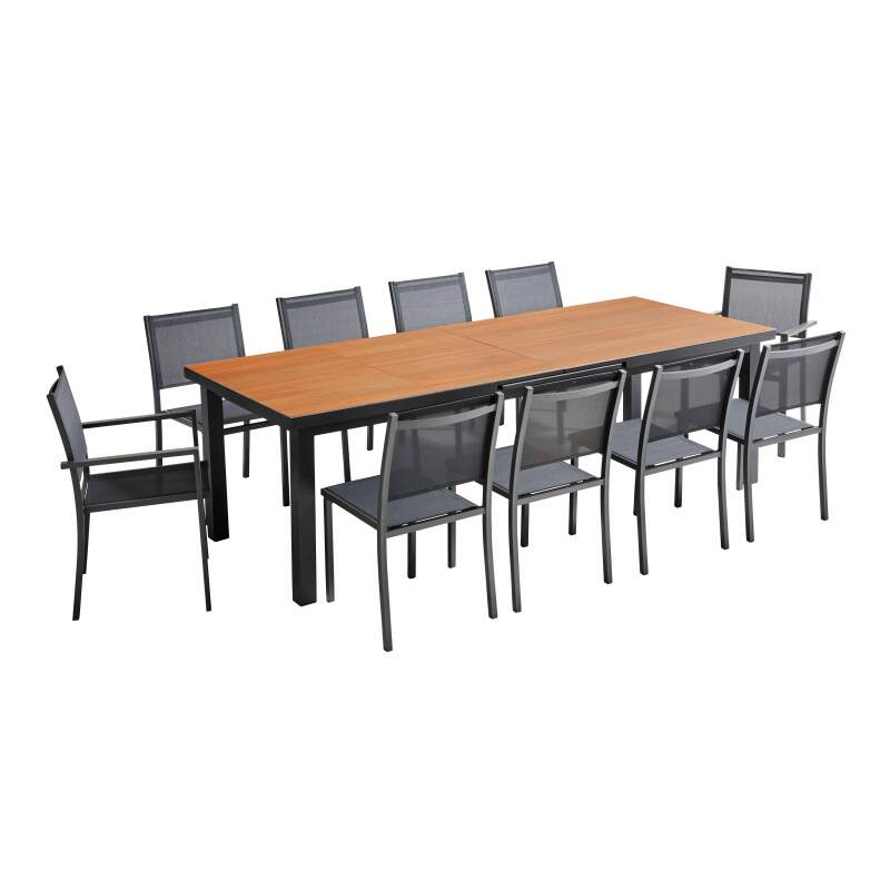Ausziehbarer rechteckiger Gartentisch 320 x 100 x 76 cm mit 8 Stühlen und 2 Stühlen mit Armlehnen