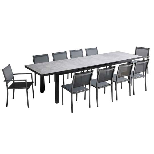Ausziehbarer rechteckiger Gartentisch 320 x 100 x 76 cm mit 8 Stühlen und 2 Stühlen mit Armlehnen