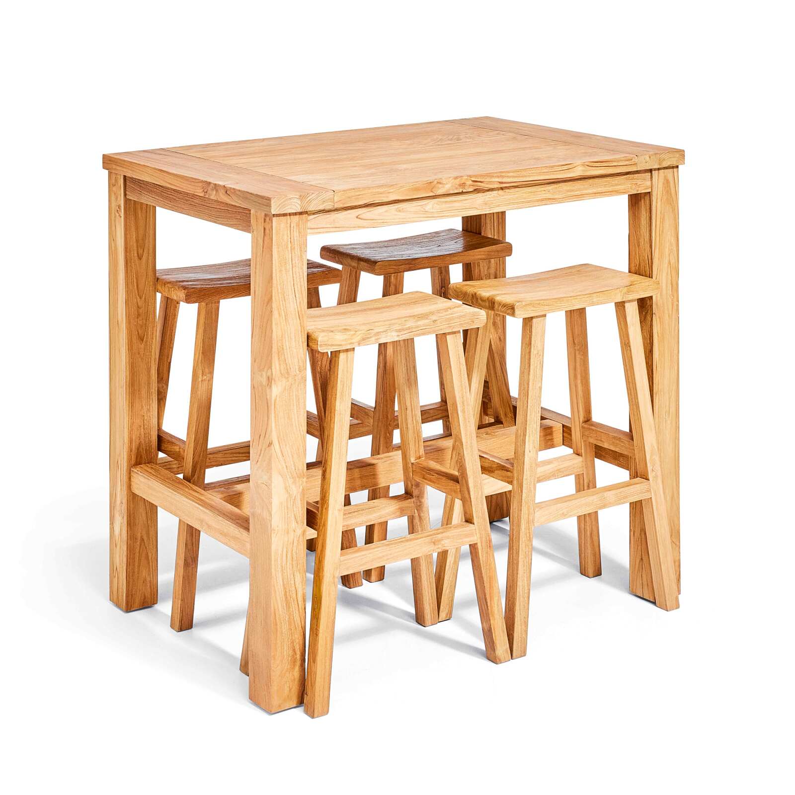 Tisch und 4 Barhocker aus massivem recyceltem FSC-Teakholz