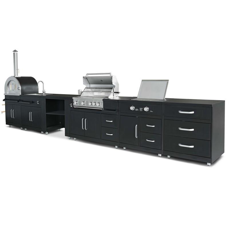 Schwarze 6-teilige Outdoor-Küche aus Stahl mit Kochmodul
