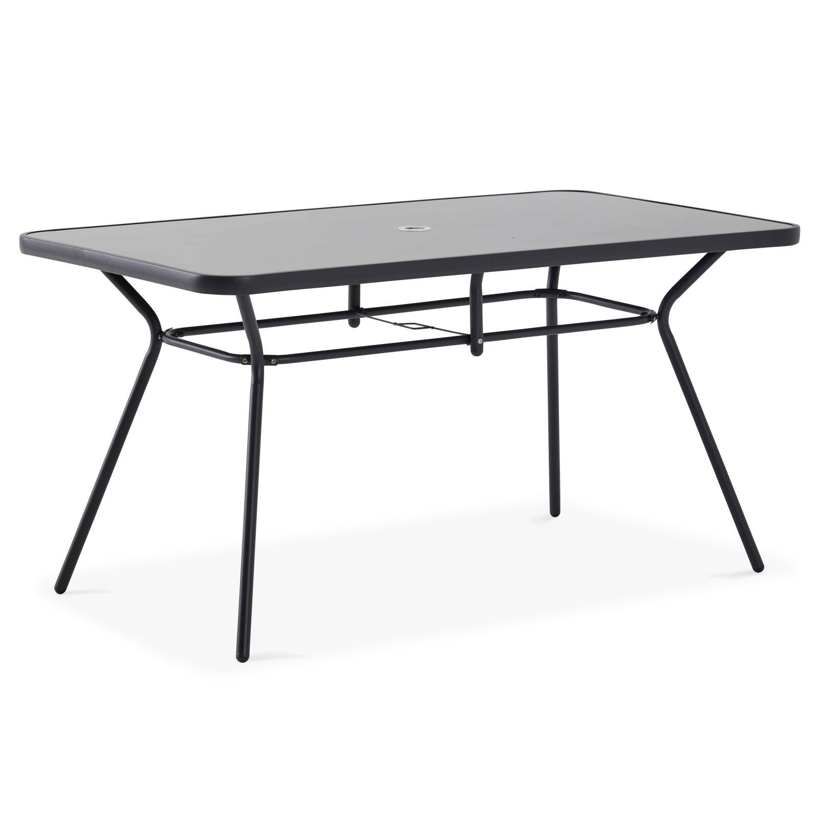 Rechteckiger Gartentisch 140 x 80 cm, 6 Stühle mit Armlehnen und einem Sonnenschirm 