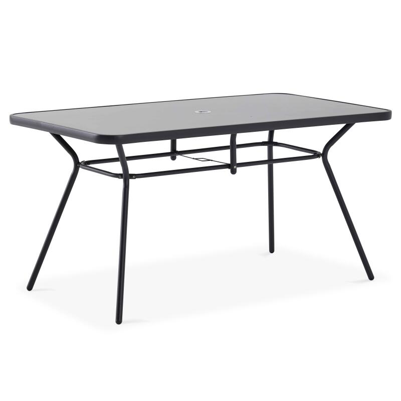 Rechteckiger Gartentisch 140 x 80 cm, 6 Stühle mit Armlehnen und einem Sonnenschirm 