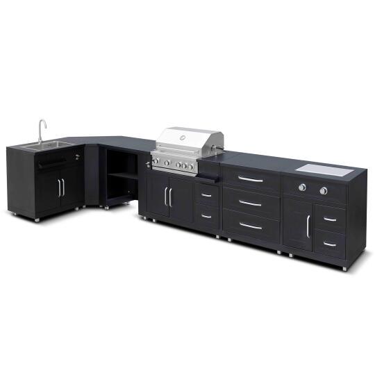 Outdoor-Küche aus Metall in Eckform mit Outdoor-Spüle, Gasherd, Grill und Stauraum – 6 Module | Oviala