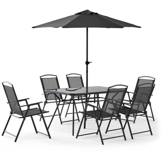 Rechteckiger Gartentisch 140 x 80 cm, 6 Stühle mit Armlehnen und einem Sonnenschirm