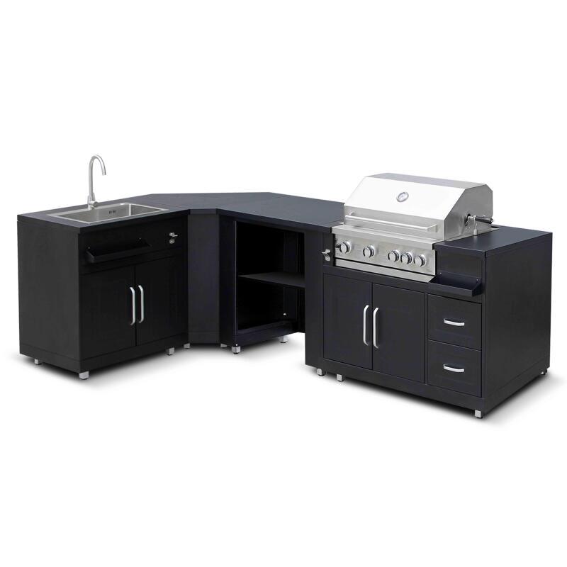 Outdoor-Küche mit 4 Elementen, Spüle und Grill-Kochmodul in der Ecke