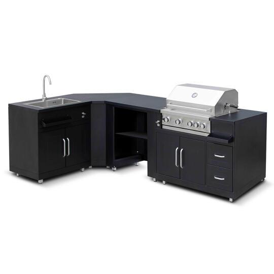 Outdoor-Küche aus Metall in Eckform mit Outdoor-Spüle, Grill und Stauraum – 4 Module | Oviala
