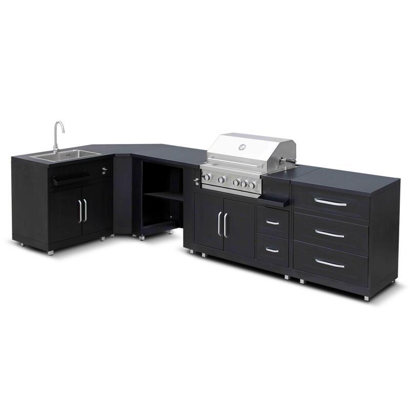 Schwarzes Stahl-Außenkochfeld mit 5 Elementen, Spüle und Grillmodul