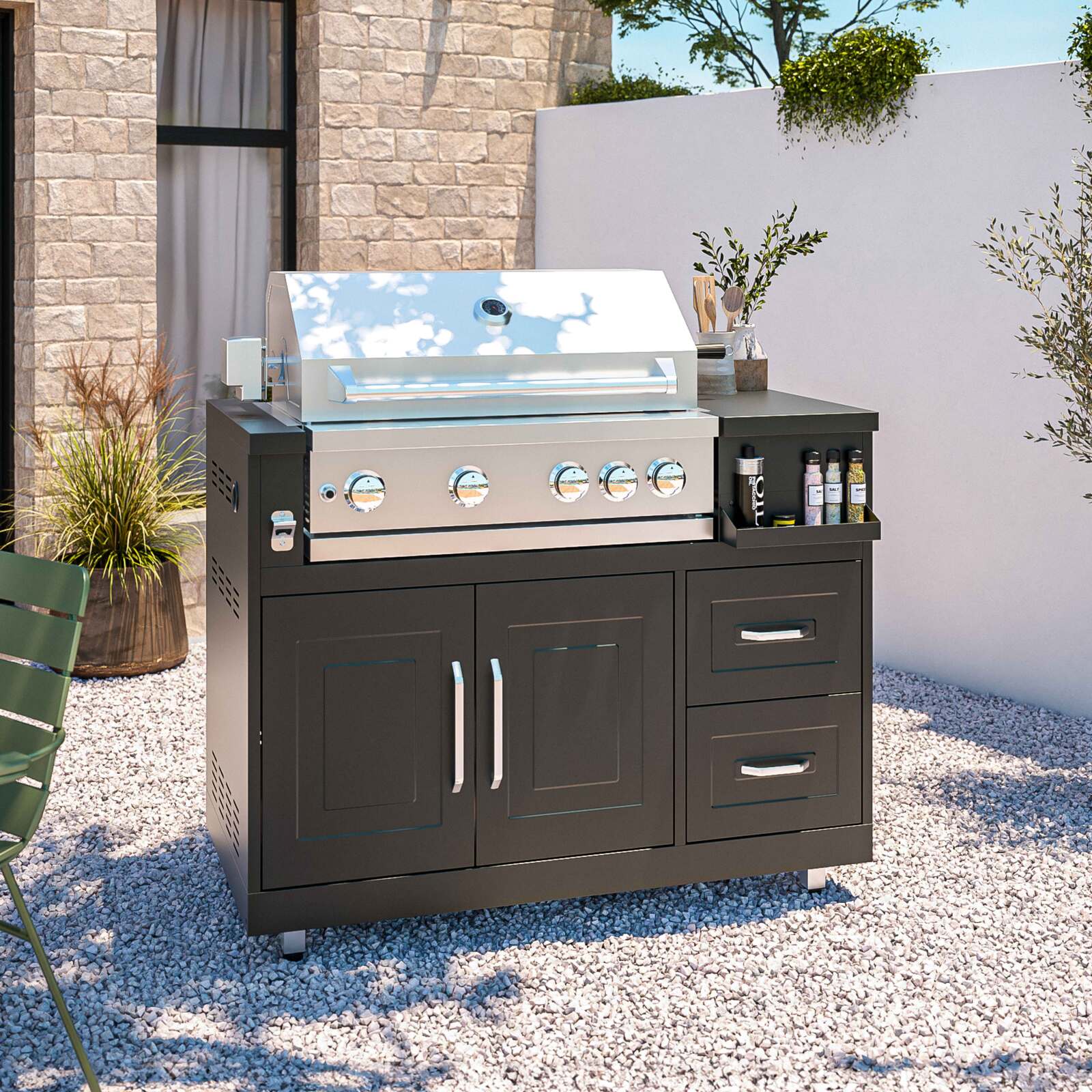 Schwarzes Stahl-Außenkochfeld mit 5 Elementen, Spüle und Grillmodul Schwarzes Stahl-Außenkochfeld mit 5 Elementen, Spüle und Grillmodul