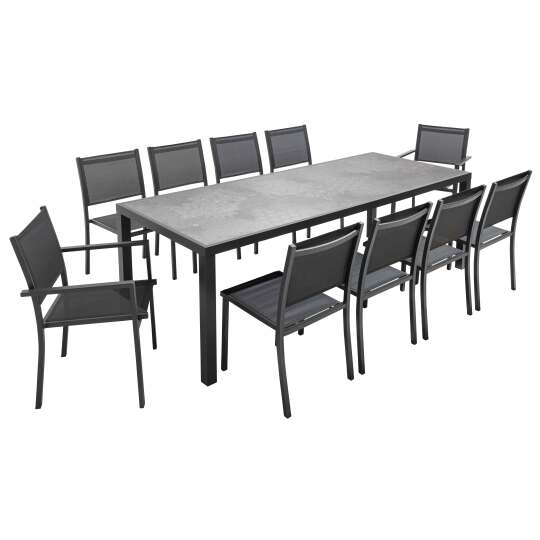 Gartentisch aus Aluminium und Keramik mit Stempel-Effekt, 230x95 cm, und 10 Stühle aus Textilene | Oviala