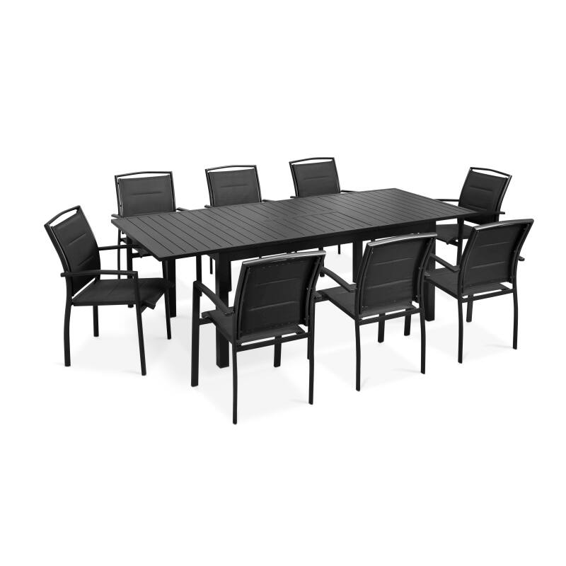 Rechteckiger, ausziehbarer Garten-Tisch aus Aluminium und 8 Stühle mit Armlehnen 