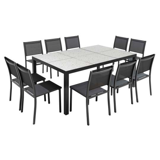 Gartentisch aus Aluminium und Keramik mit Terrazzo-Optik, 182x121 cm, und 10 Stühle aus Textilene | Oviala
