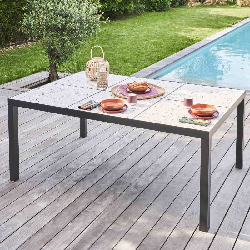 Gartentisch aus Keramik mit Terrazzo-Effekt 182 x 121 cm mit 10 Stühlen