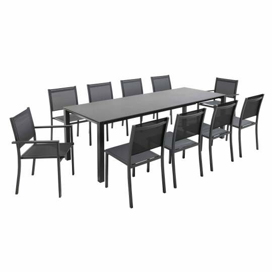 Erweiterbarer Garten-Tisch aus Aluminium und Stein mit 8 Stühlen ohne Armlehnen und 2 Stühlen mit Armlehnen