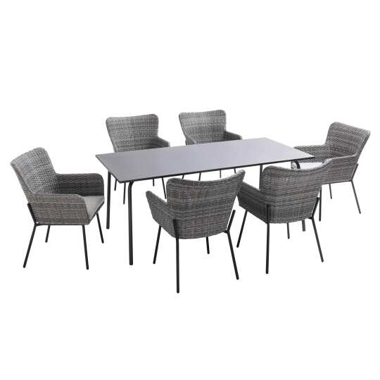 Gartentisch aus Metall, 180x90 cm, und 6 Stühle aus Korbgeflecht, mit Armlehnen | Oviala