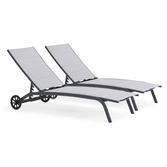 Set aus 2 Aluminium-Sonnenliegestühlen mit Rädern, 4-fach verstellbar