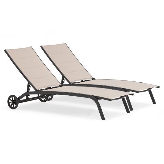 Set aus 2 Aluminium-Sonnenliegestühlen mit Rädern, 4-fach verstellbar