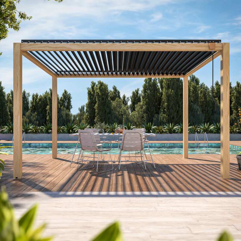 Selbsttragende bioklimatische Pergola 3 x 4 m aus Aluminium mit Holzdekor (2/3)