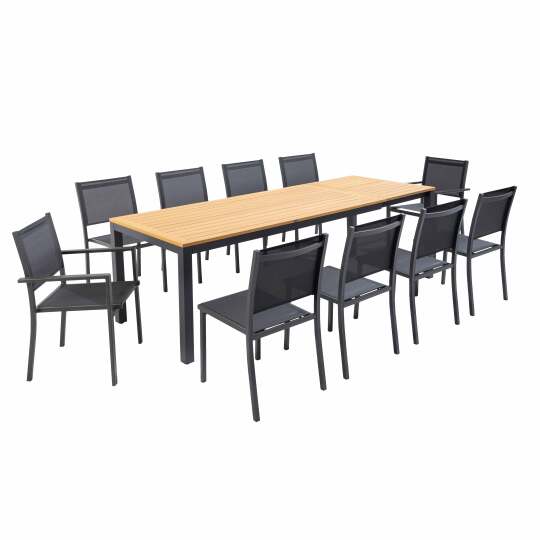 Ausziehbarer Gartentisch aus Aluminium und Eukalyptusholz FSC®, 180/240x89 cm, und 10 Stühle aus Textilene | Oviala