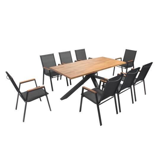 Rechteckiger Gartentisch 200 x 75 cm aus Aluminium und Akazienholz und 8 Stühle mit Armlehnen