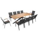 Rechteckiger Gartentisch 240 x 75 cm aus Aluminium und Akazienholz und 10 Stühle mit Armlehnen