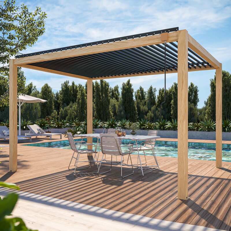 Selbsttragende bioklimatische Pergola aus Aluminium mit Holzdekor 3 x 4 m mit 1, 2 oder 3 Markise