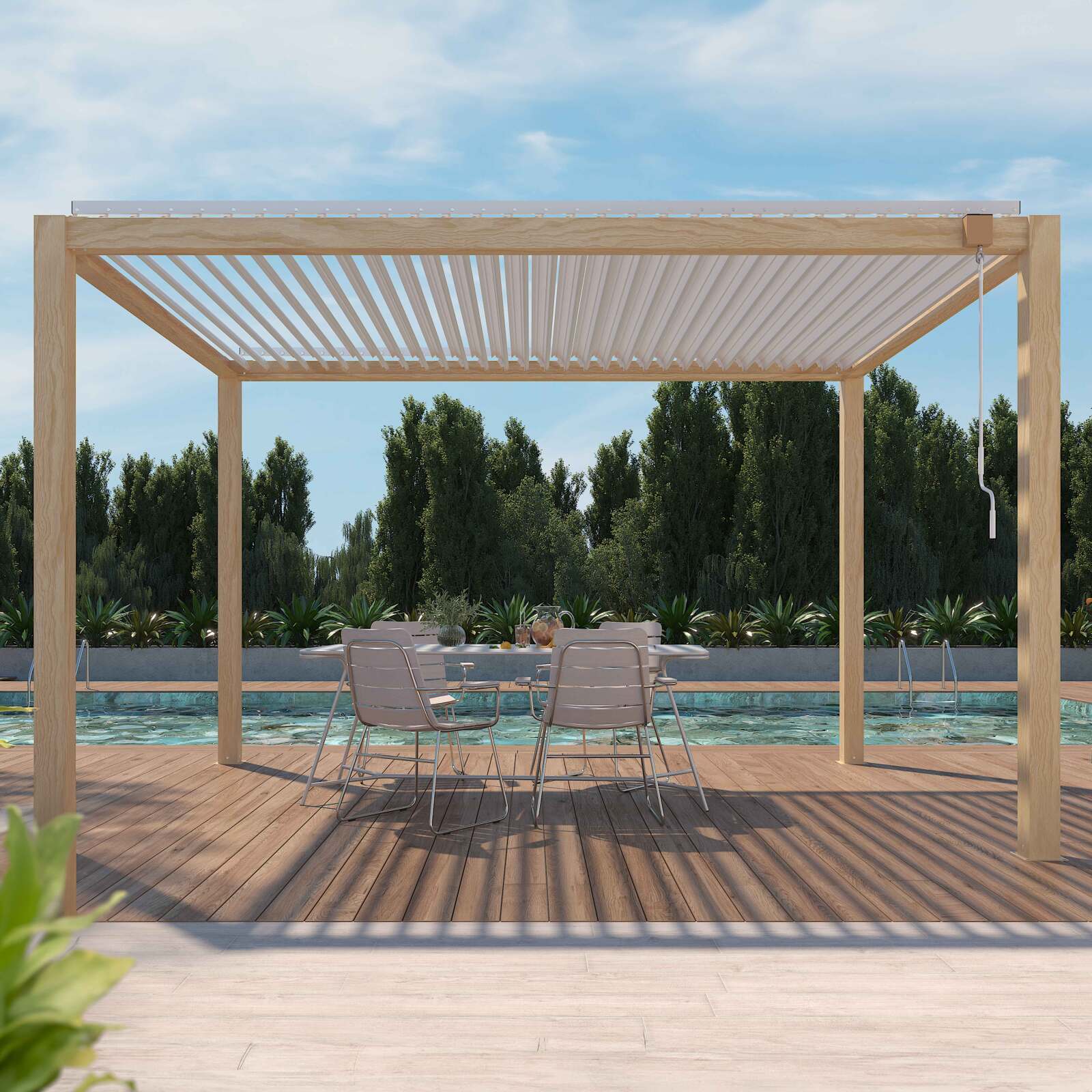 Selbsttragende bioklimatische Pergola 3 x 4 m aus weißem Aluminium mit Holzdekor