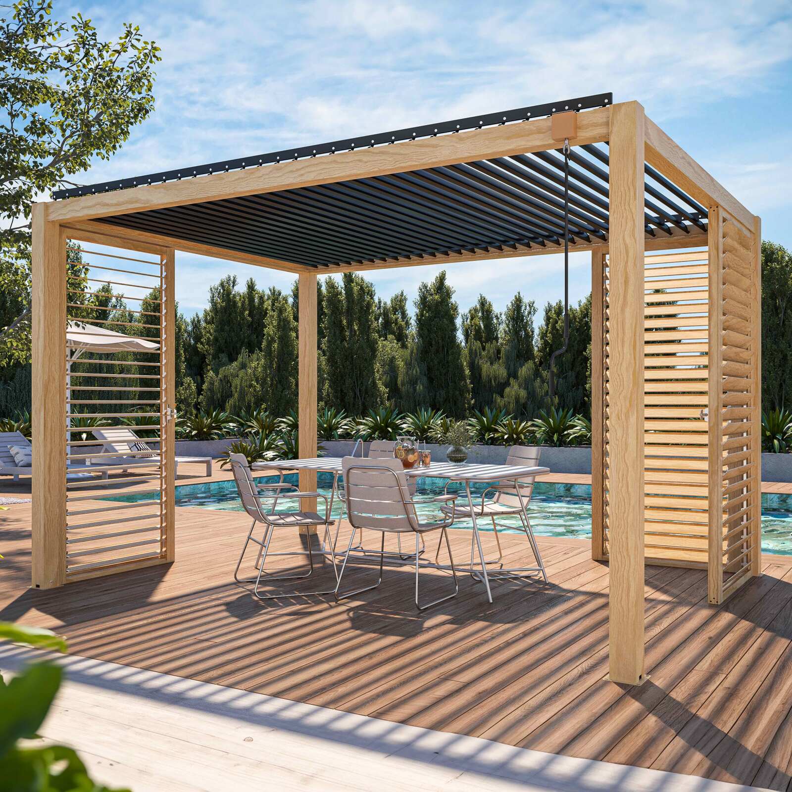 Selbsttragende bioklimatische Pergola 3 x 4 m aus Aluminium mit Holzdekor mit 1, 2 oder 3 Schirmen