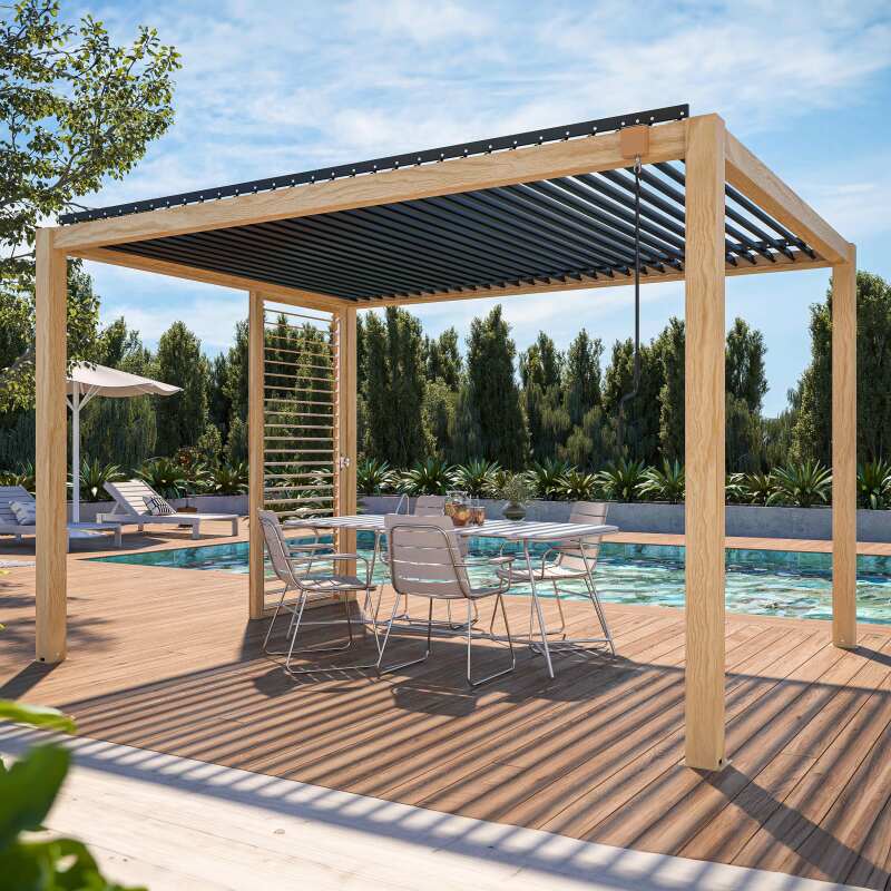 Selbsttragende bioklimatische Pergola 3 x 4 m aus Aluminium mit Holzdekor mit 1, 2 oder 3 Schirmen