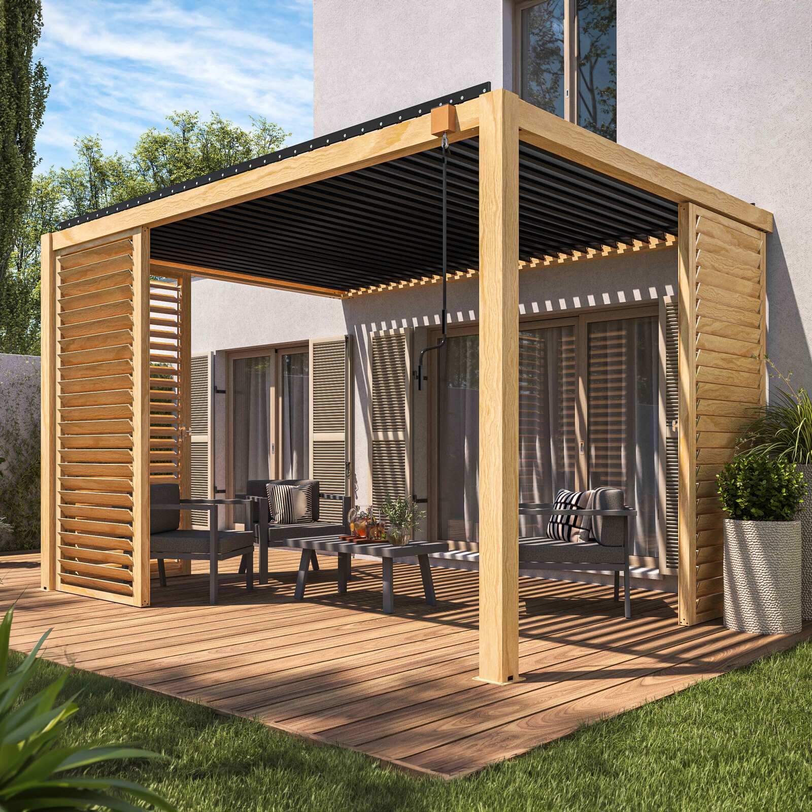 Selbsttragende bioklimatische Pergola 3 x 4 m aus Aluminium mit Holzdekor mit 1, 2 oder 3 Schirmen