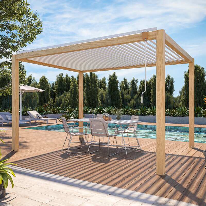 Selbsttragende bioklimatische Pergola aus weißem Aluminium mit Holzdekor 3 x 4 m mit 1,2 oder 3 Markise