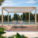 Selbsttragende bioklimatische Pergola aus weißem Aluminium mit Holzdekor 3 x 4 m mit 1,2 oder 3 Markise