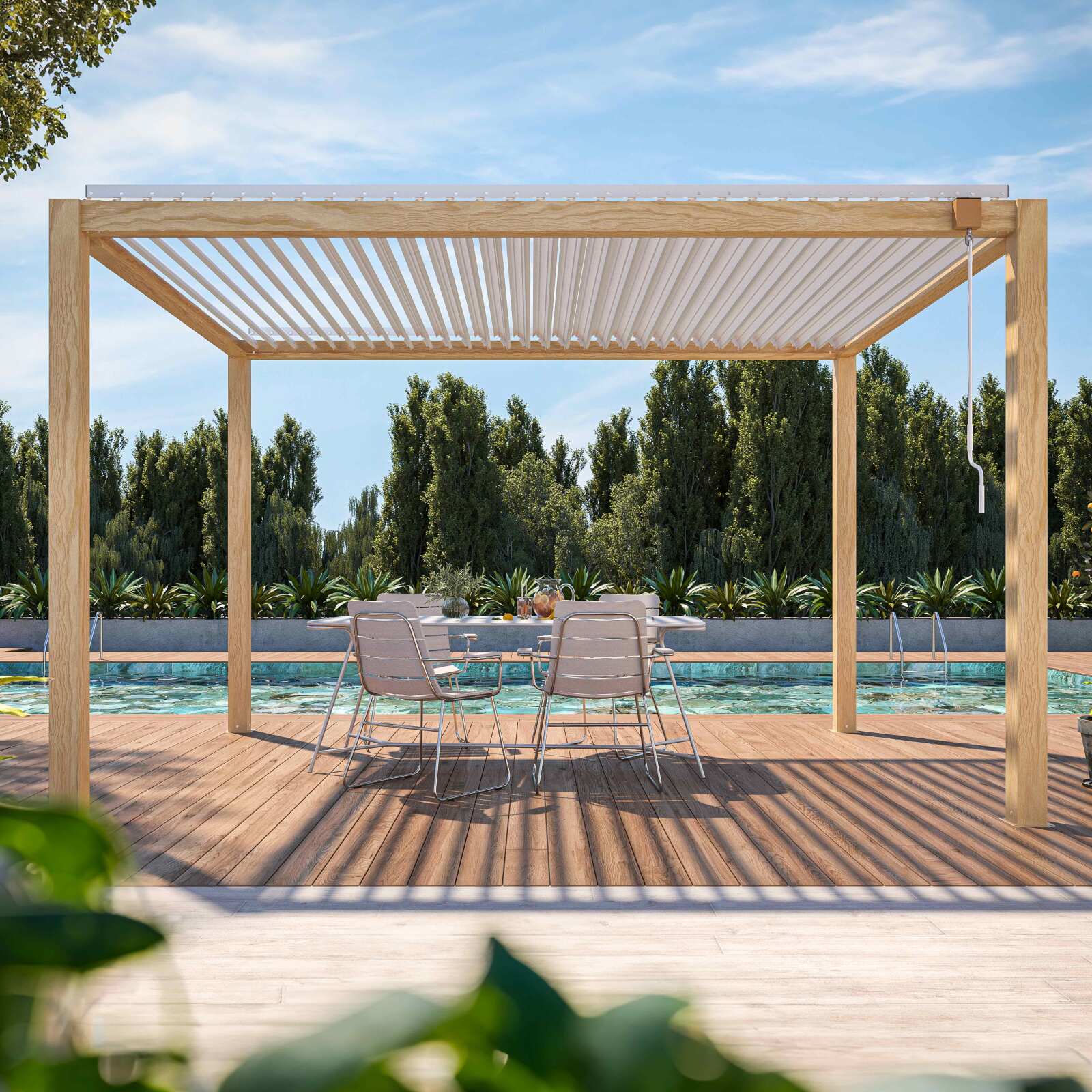 Selbsttragende bioklimatische Pergola aus weißem Aluminium mit Holzdekor 3 x 4 m mit 1,2 oder 3 Markise
