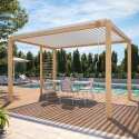 Selbsttragende bioklimatische Pergola 3 x 4 m aus weißem Aluminium mit Holzdekor mit 1, 2 oder 3 Schirmen