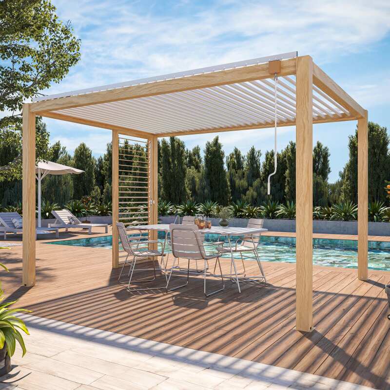 Selbsttragende bioklimatische Pergola 3 x 4 m aus weißem Aluminium mit Holzdekor mit 1, 2 oder 3 Schirmen