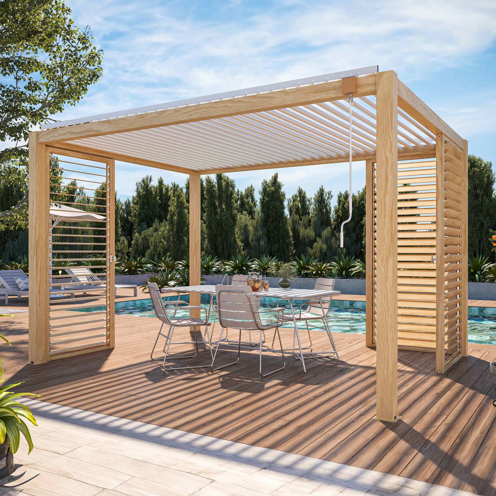 Selbsttragende bioklimatische Pergola 3 x 4 m aus weißem Aluminium mit Holzdekor mit 1, 2 oder 3 Schirmen